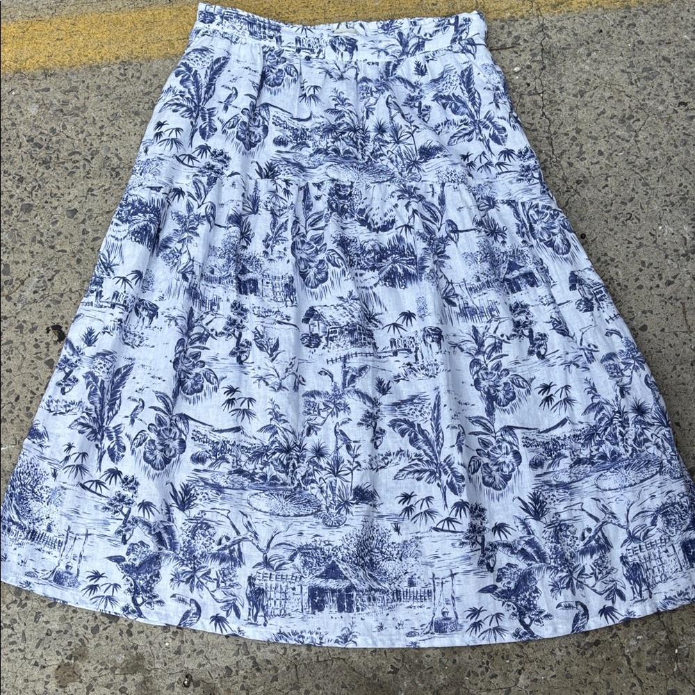 Joie 100% Linen Elastic Back Pull on Tropical Blue White Floral Midi Skirt NWT - Picture 4 of 4